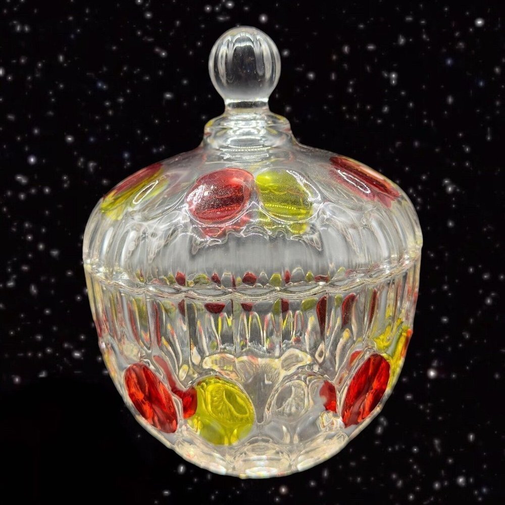 Flashed Art Glass Covered Dish Bowl W Lid Thumbprint Pattern Red Yellow 7”T 5.5”